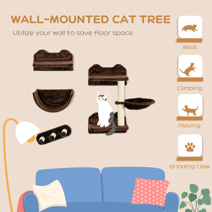4PC Wall-Mounted Cat Shelves with Scratching Post, Hammock & Nest - Brown