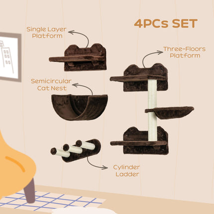 4PC Wall-Mounted Cat Shelves with Scratching Post, Hammock & Nest - Brown