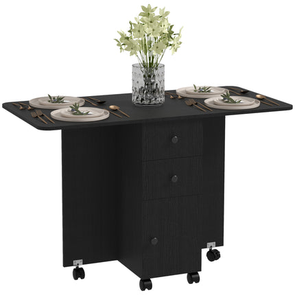 Multi-Storage Six-Person Drop Leaf Dining Table with Wheels - Distressed Black