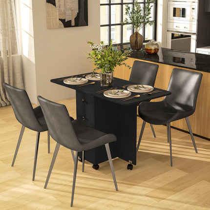 Multi-Storage Six-Person Drop Leaf Dining Table with Wheels - Distressed Black