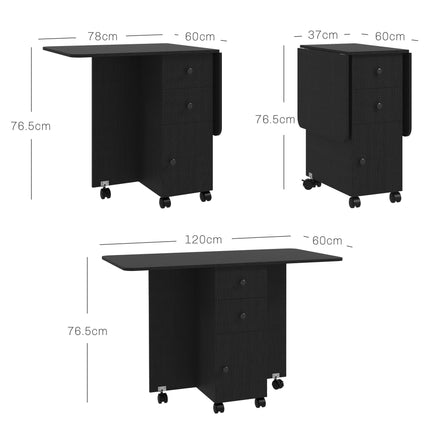 Multi-Storage Six-Person Drop Leaf Dining Table with Wheels - Distressed Black