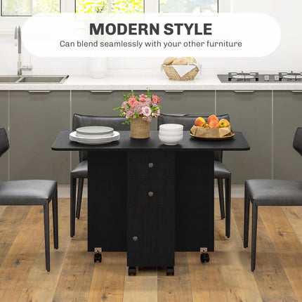 Multi-Storage Six-Person Drop Leaf Dining Table with Wheels - Distressed Black