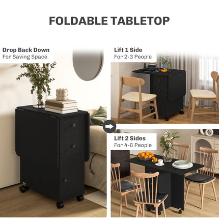 Multi-Storage Six-Person Drop Leaf Dining Table with Wheels - Distressed Black