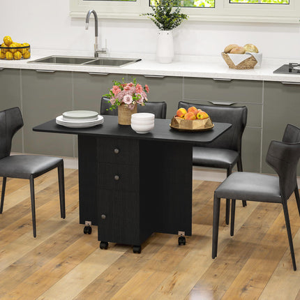 Multi-Storage Six-Person Drop Leaf Dining Table with Wheels - Distressed Black