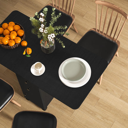 Multi-Storage Six-Person Drop Leaf Dining Table with Wheels - Distressed Black