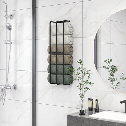 Six Large Wall-Mounted Towel Holder with Mounting Accessories - Black