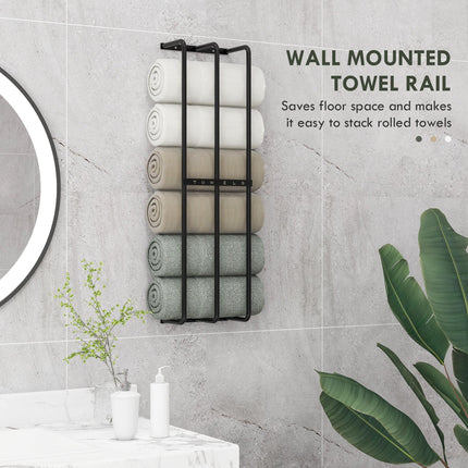 Six Large Wall-Mounted Towel Holder with Mounting Accessories - Black