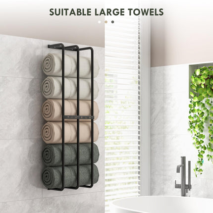 Six Large Wall-Mounted Towel Holder with Mounting Accessories - Black