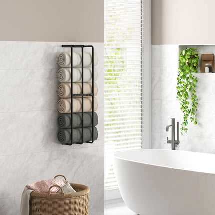 Six Large Wall-Mounted Towel Holder with Mounting Accessories - Black