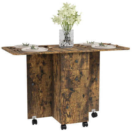 Multi-Storage Six-Person Drop Leaf Dining Table with Wheels - Rustic Brown