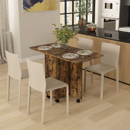 Multi-Storage Six-Person Drop Leaf Dining Table with Wheels - Rustic Brown