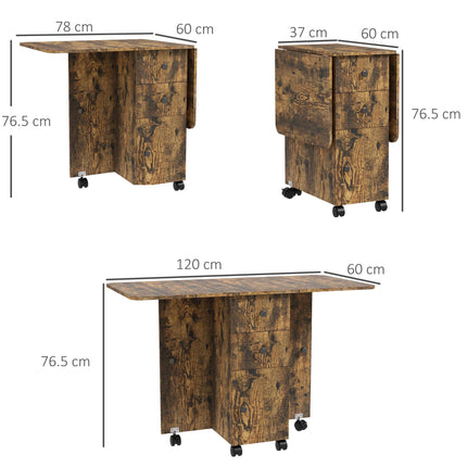 Multi-Storage Six-Person Drop Leaf Dining Table with Wheels - Rustic Brown