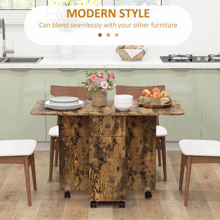 Multi-Storage Six-Person Drop Leaf Dining Table with Wheels - Rustic Brown