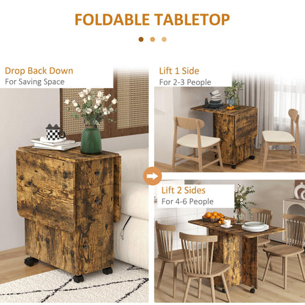 Multi-Storage Six-Person Drop Leaf Dining Table with Wheels - Rustic Brown