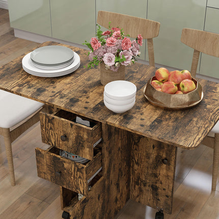 Multi-Storage Six-Person Drop Leaf Dining Table with Wheels - Rustic Brown
