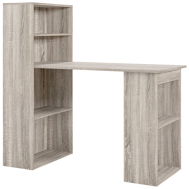 120cm Modern Computer Desk with 6 Shelves Bookshelf Workstation Study Table - Grey Wood-Effect