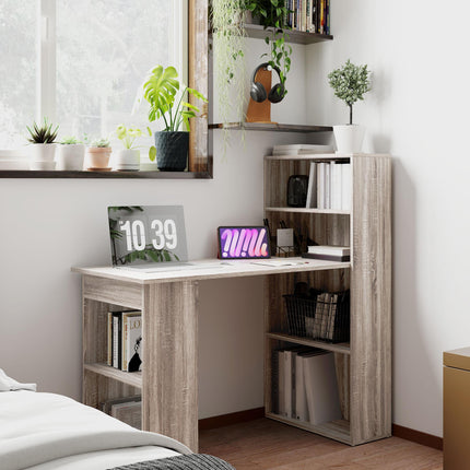 120cm Modern Computer Desk with 6 Shelves Bookshelf Workstation Study Table - Grey Wood-Effect