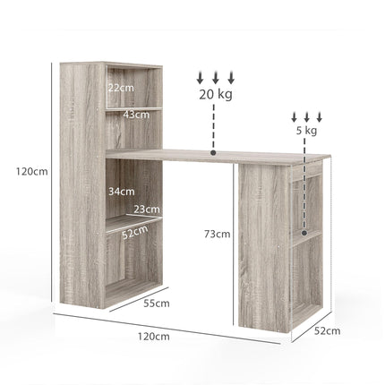 120cm Modern Computer Desk with 6 Shelves Bookshelf Workstation Study Table - Grey Wood-Effect