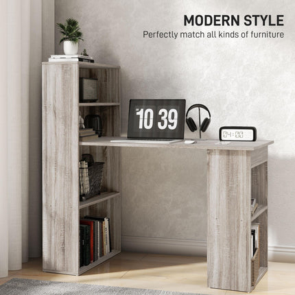 120cm Modern Computer Desk with 6 Shelves Bookshelf Workstation Study Table - Grey Wood-Effect