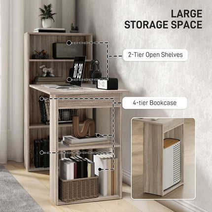 120cm Modern Computer Desk with 6 Shelves Bookshelf Workstation Study Table - Grey Wood-Effect
