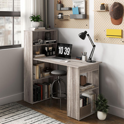 120cm Modern Computer Desk with 6 Shelves Bookshelf Workstation Study Table - Grey Wood-Effect