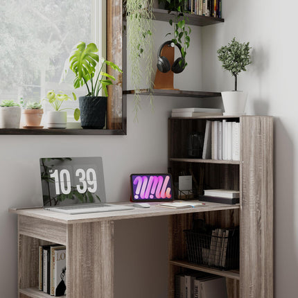 120cm Modern Computer Desk with 6 Shelves Bookshelf Workstation Study Table - Grey Wood-Effect