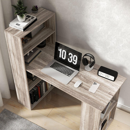 120cm Modern Computer Desk with 6 Shelves Bookshelf Workstation Study Table - Grey Wood-Effect