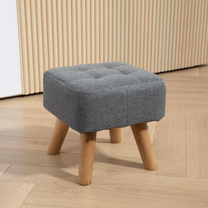 Modern Tufted Fabric Footstool with Rubber Wood Legs, Padded Seat - Grey