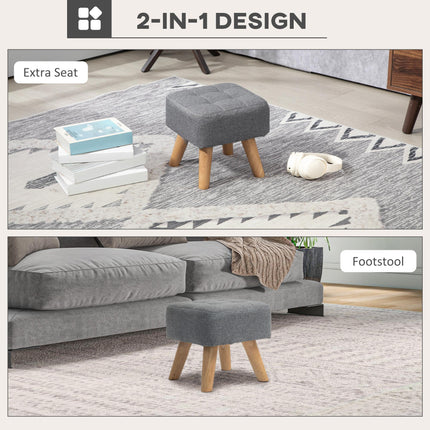 Modern Tufted Fabric Footstool with Rubber Wood Legs, Padded Seat - Grey