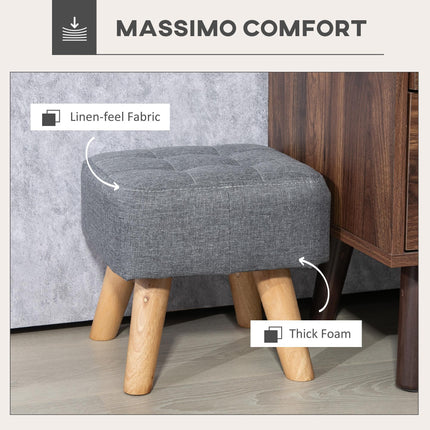 Modern Tufted Fabric Footstool with Rubber Wood Legs, Padded Seat - Grey