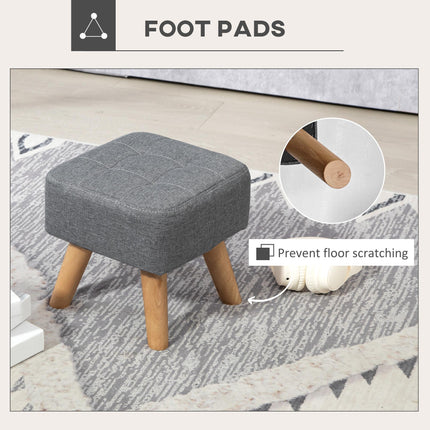 Modern Tufted Fabric Footstool with Rubber Wood Legs, Padded Seat - Grey