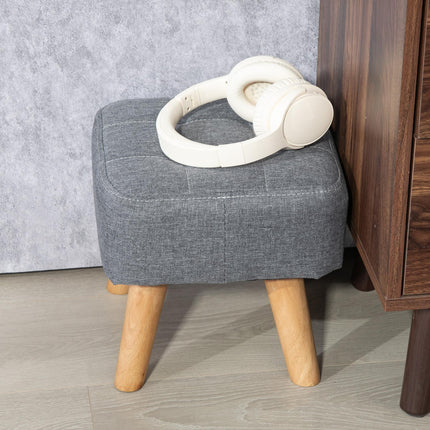 Modern Tufted Fabric Footstool with Rubber Wood Legs, Padded Seat - Grey
