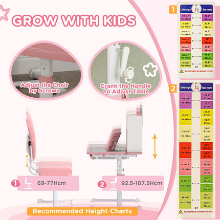 Height Adjustable Kids Desk and Chair Set with Tiltable Desktop - Pink