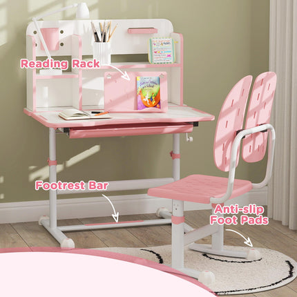 Height Adjustable Kids Desk and Chair Set with Tiltable Desktop - Pink
