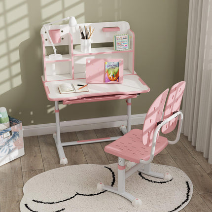 Height Adjustable Kids Desk and Chair Set with Tiltable Desktop - Pink