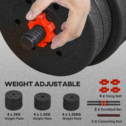 20kg Adjustable 2-in-1 Dumbbell and Barbell Set - Black