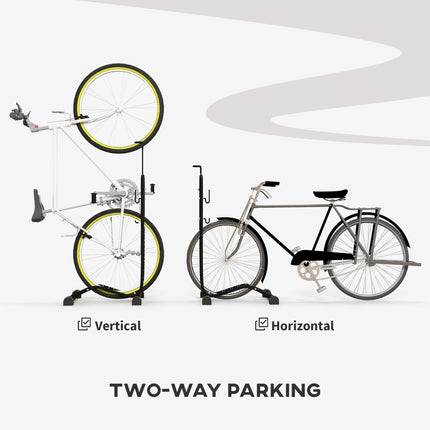 Adjustable Vertical & Horizontal Bike Rack Stand for 6"-28" Wheels - Black Steel Frame
