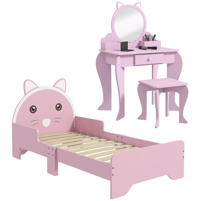 ZONEKIZ Kids Wooden Bedroom Furniture Set with Cat Design - Multi-Colored
