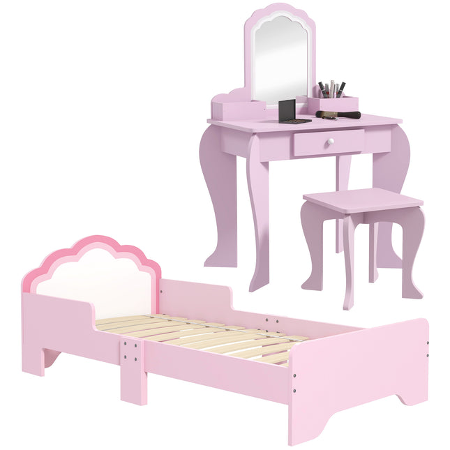 Wooden Kids Bedroom Furniture Set with Kids Dressing Table, Stool, Bed, for 3-6