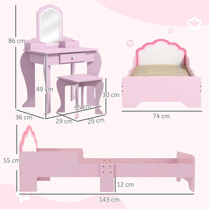 Wooden Kids Bedroom Furniture Set with Kids Dressing Table, Stool, Bed, for 3-6