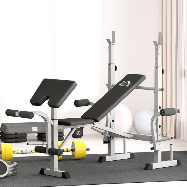 Adjustable Weight Bench with Squat Rack, Heavy Duty Bench Press Rack with Preacher Curl Pad, Leg Developer, Barbell Rack, Butterfly, Home Gym Strength Training Multiuse Workout Bench, Grey