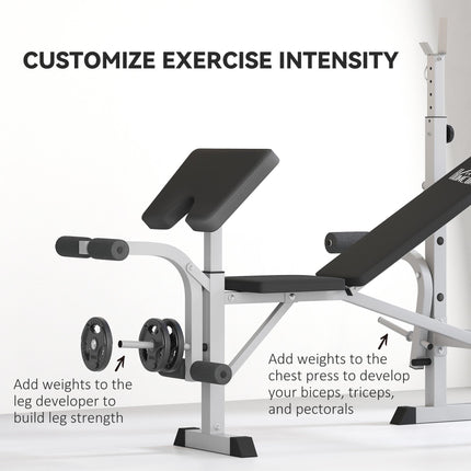 Adjustable Weight Bench with Squat Rack, Heavy Duty Bench Press Rack with Preacher Curl Pad, Leg Developer, Barbell Rack, Butterfly, Home Gym Strength Training Multiuse Workout Bench, Grey
