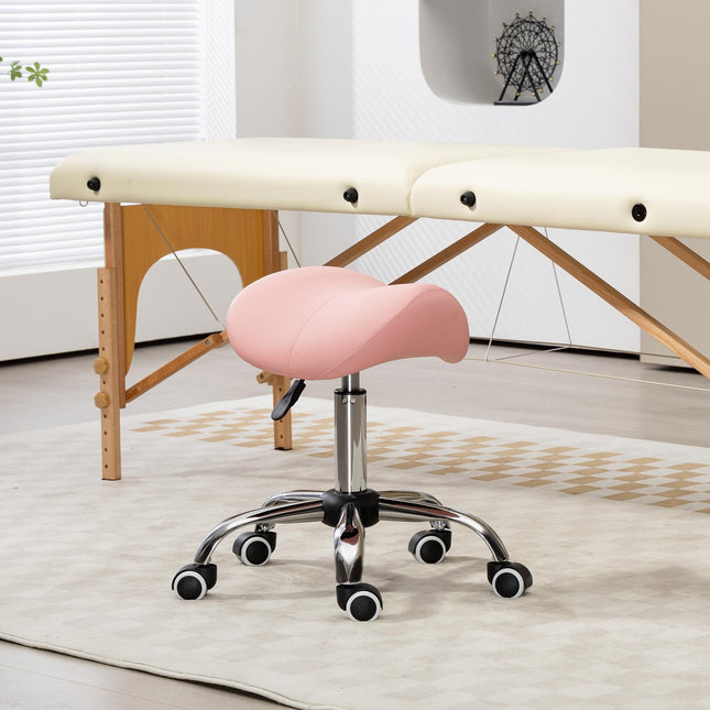 Height Adjustable Saddle Stool with Faux Leather Seat for Salon Spa Massage - Pink