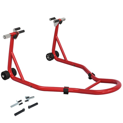 Rear Motorcycle Paddock Stand with U & L-Shaped Adapters for 10", 17", 18" Tyres, 200kg Capacity - Red
