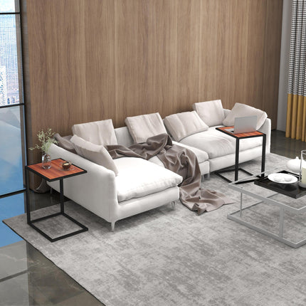 Set of 2 C-Shaped Sofa Side Tables with Metal Frame - Walnut and Black