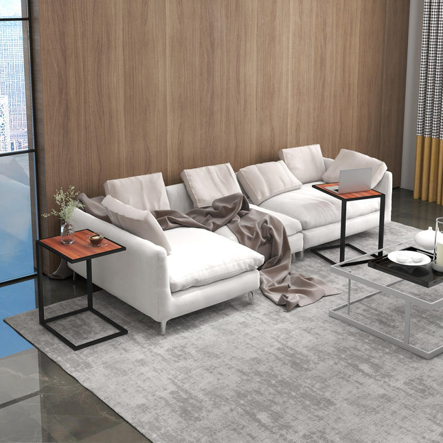 Set of 2 C-Shaped Sofa Side Tables with Metal Frame - Walnut and Black