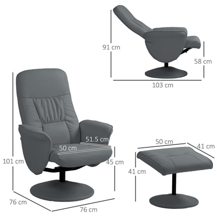 Swivel Recliner Armchair with Ottoman and Footstool, High Back Reclining Chair with Round Base - Grey