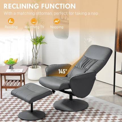 Swivel Recliner Armchair with Ottoman and Footstool, High Back Reclining Chair with Round Base - Grey