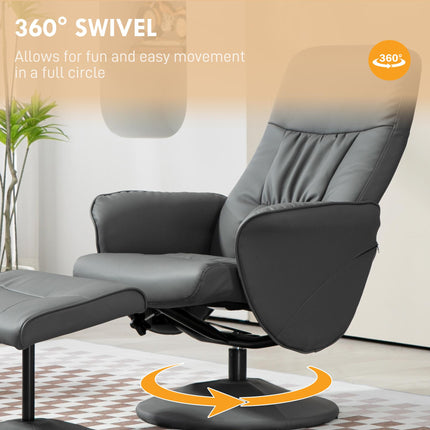 Swivel Recliner Armchair with Ottoman and Footstool, High Back Reclining Chair with Round Base - Grey