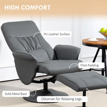Swivel Recliner Armchair with Ottoman and Footstool, High Back Reclining Chair with Round Base - Grey